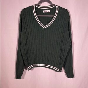 HOLLISTER WOMENS V NECK PREPPY CABLE KNIT SWEATER GREEN SMALL